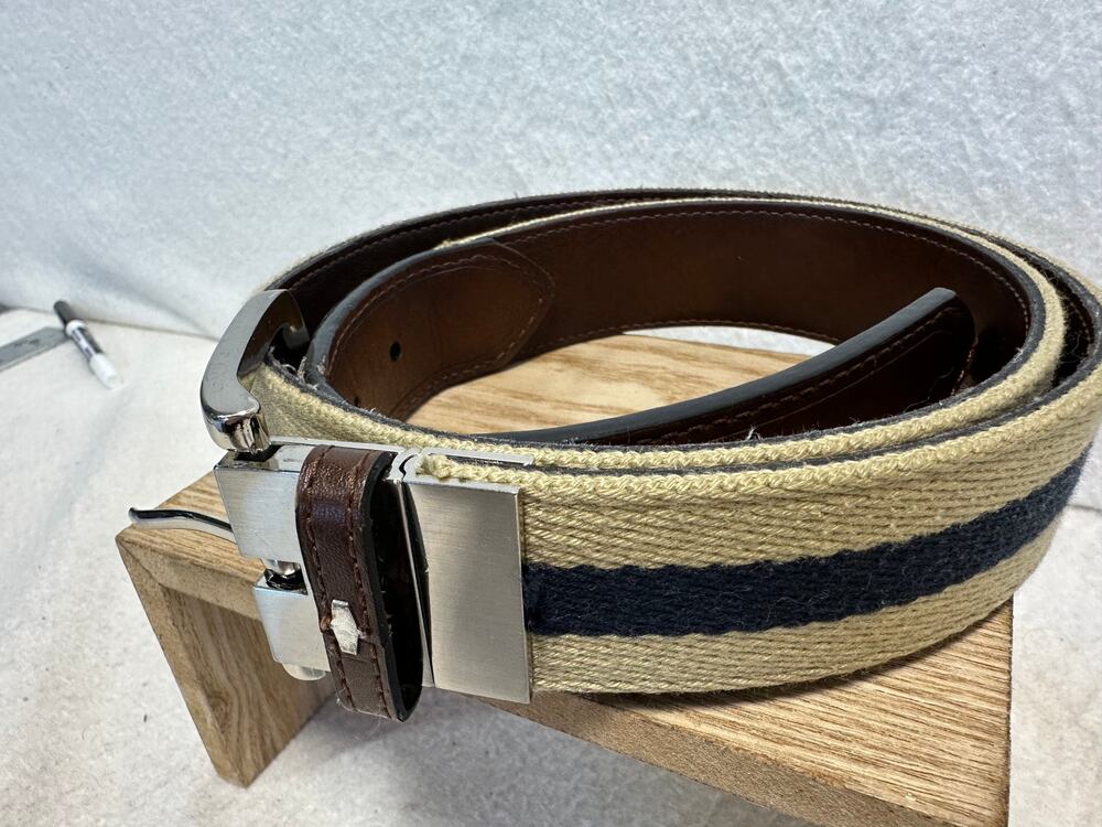 Alf Bonded Leather Reversible Tan Blue Canvas Stripe SZ 34